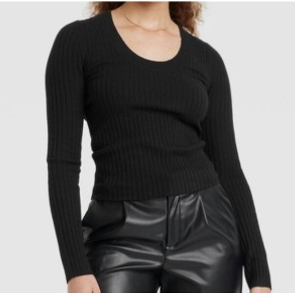 Women's Shrunken Rib Scoop Neck Pullover Sweater - Universal Thread Black sz L